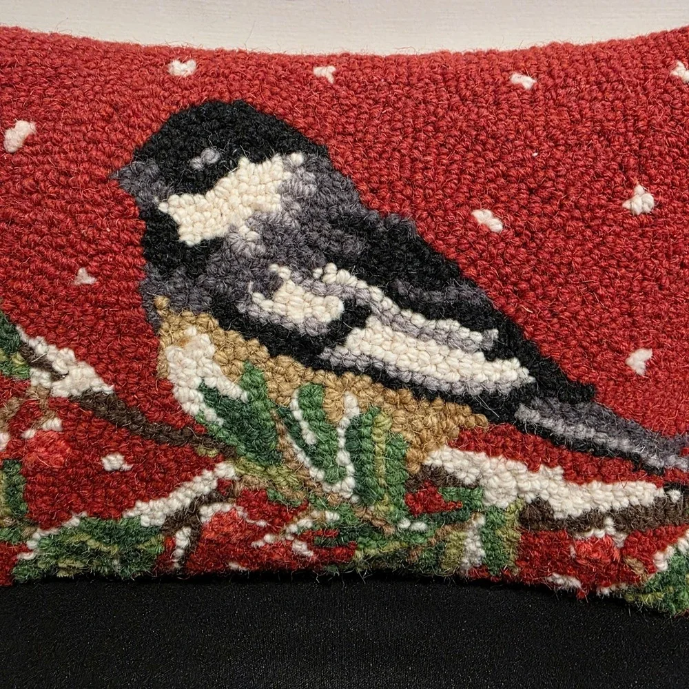 Vintage Hand Hooked Wool Chickadee Bird Accent Pillow, Red, Christmas Decor
